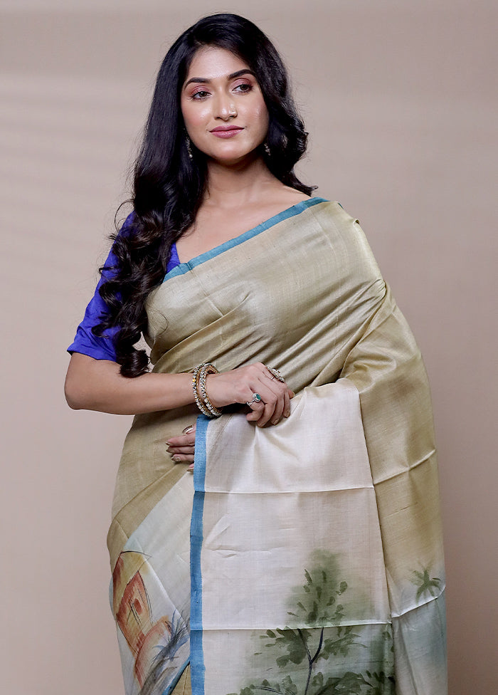 Green Handloom Tussar Pure Silk Saree With Blouse Piece