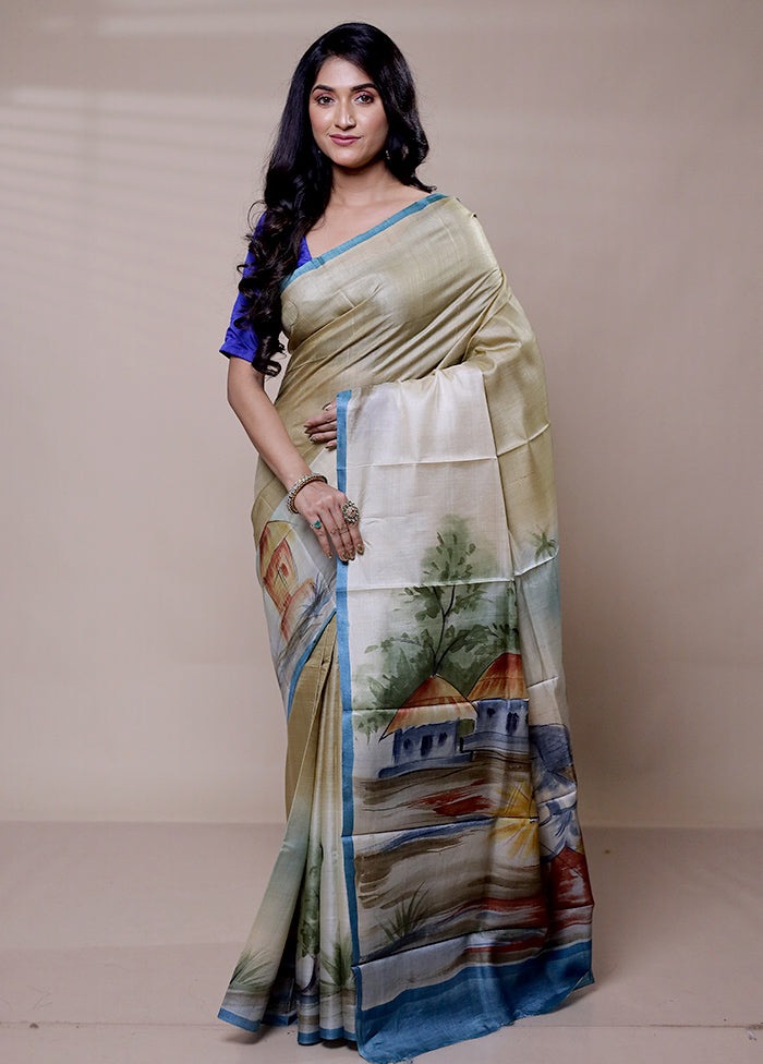 Green Handloom Tussar Pure Silk Saree With Blouse Piece