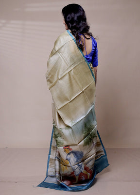 Green Handloom Tussar Pure Silk Saree With Blouse Piece