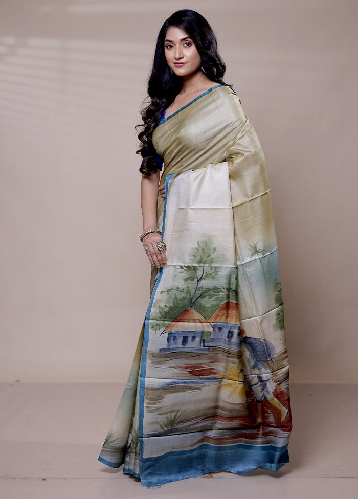 Green Handloom Tussar Pure Silk Saree With Blouse Piece