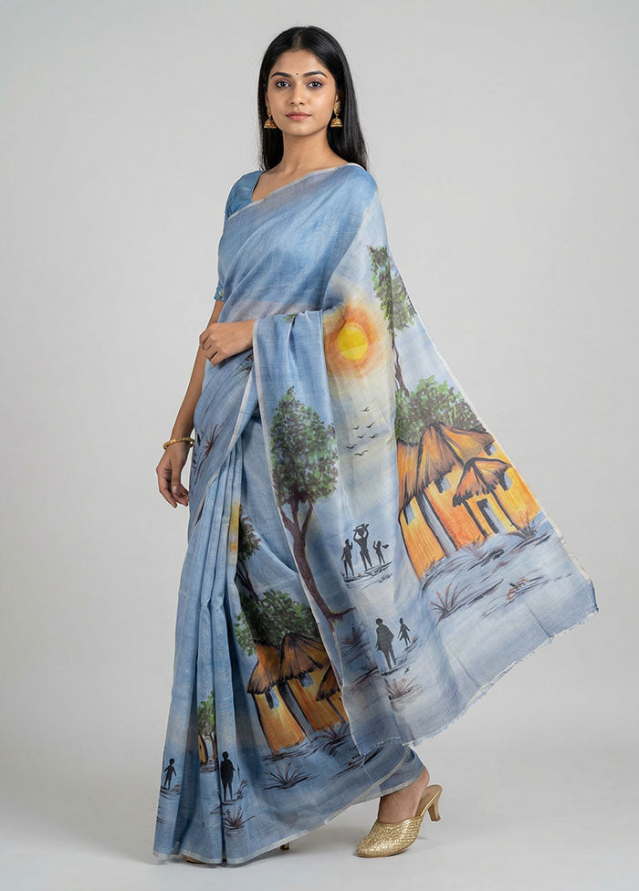Blue Handloom Tussar Pure Silk Saree With Blouse Piece