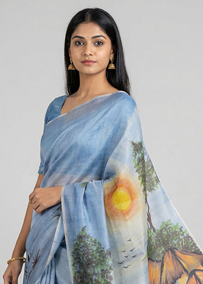 Blue Handloom Tussar Pure Silk Saree With Blouse Piece