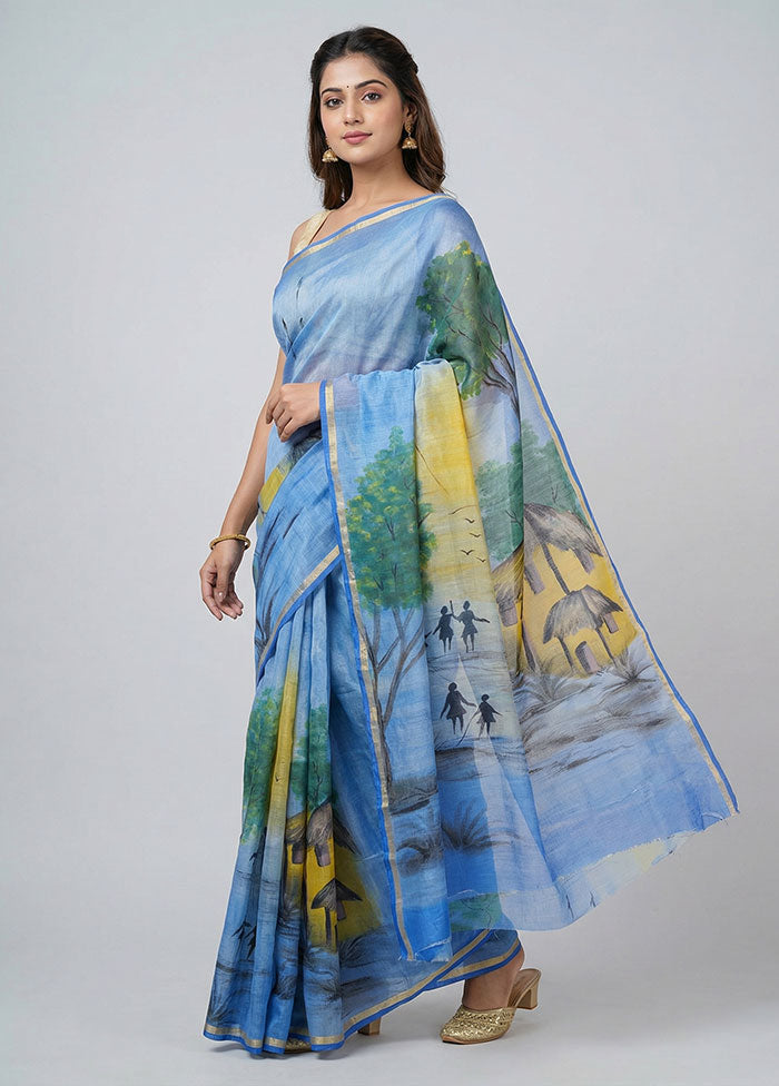 Blue Handloom Tussar Pure Silk Saree With Blouse Piece