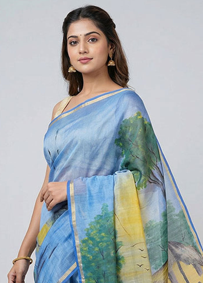 Blue Handloom Tussar Pure Silk Saree With Blouse Piece