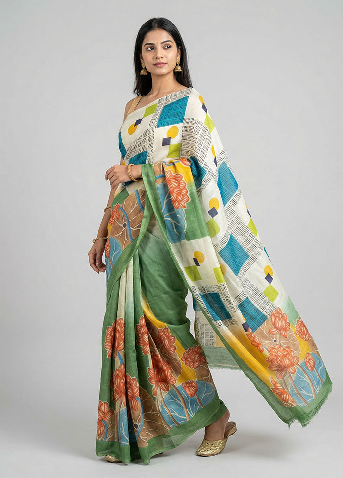 Cream Printed Silk Saree Without Blouse Piece