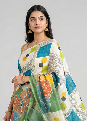 Cream Printed Silk Saree Without Blouse Piece
