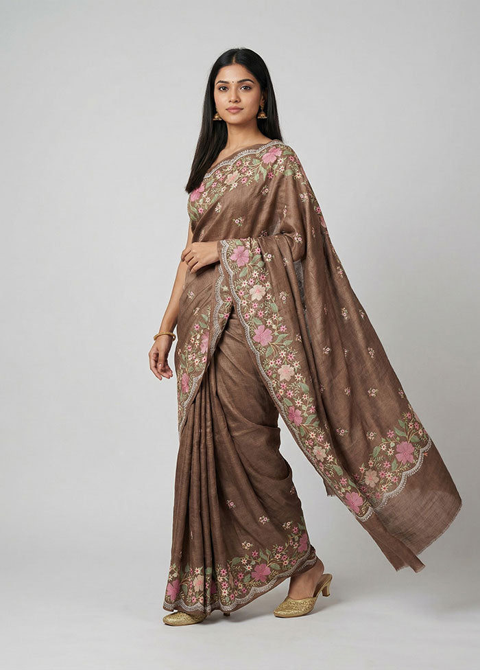 Brown Handloom Tussar Pure Silk Saree With Blouse Piece