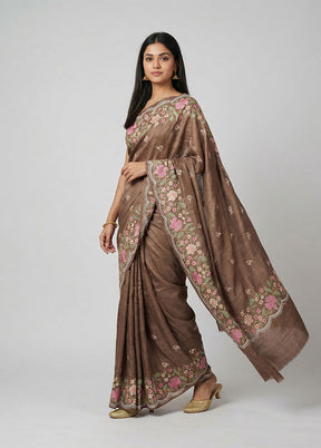 Brown Handloom Tussar Pure Silk Saree With Blouse Piece