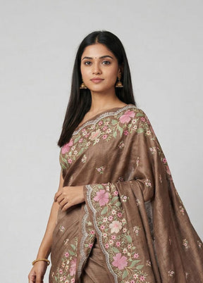 Brown Handloom Tussar Pure Silk Saree With Blouse Piece