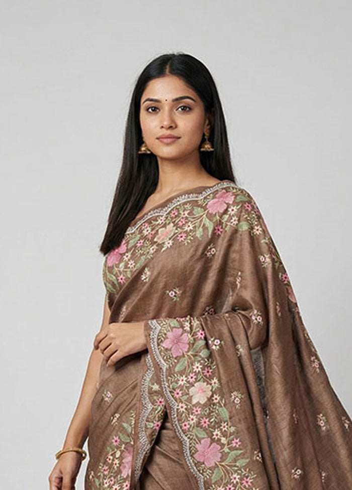 Brown Handloom Tussar Pure Silk Saree With Blouse Piece