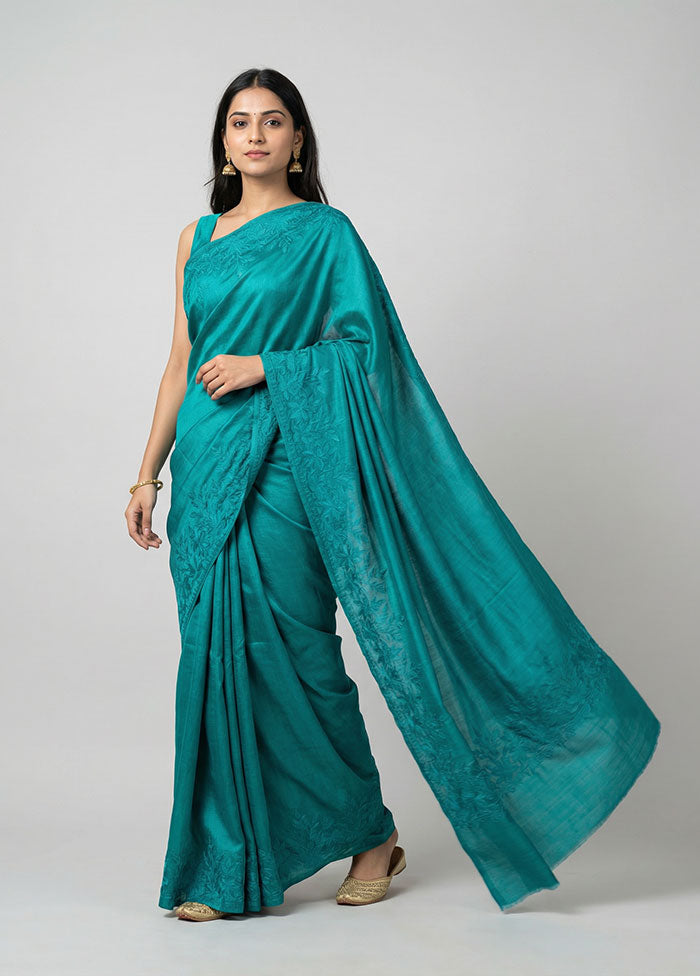 Green Handloom Tussar Pure Silk Saree With Blouse Piece