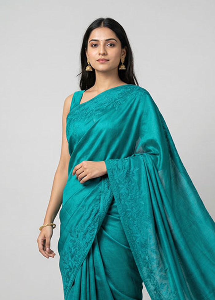 Green Handloom Tussar Pure Silk Saree With Blouse Piece