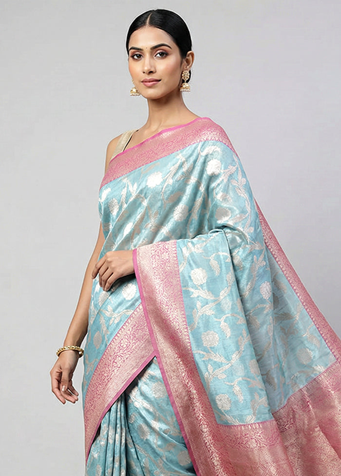 Blue Tissue Silk Saree With Blouse Piece