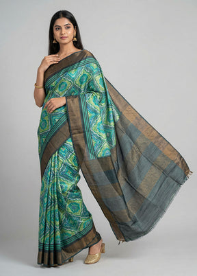 Green Handloom Tussar Pure Silk Saree With Blouse Piece
