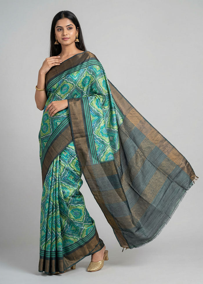 Green Handloom Tussar Pure Silk Saree With Blouse Piece
