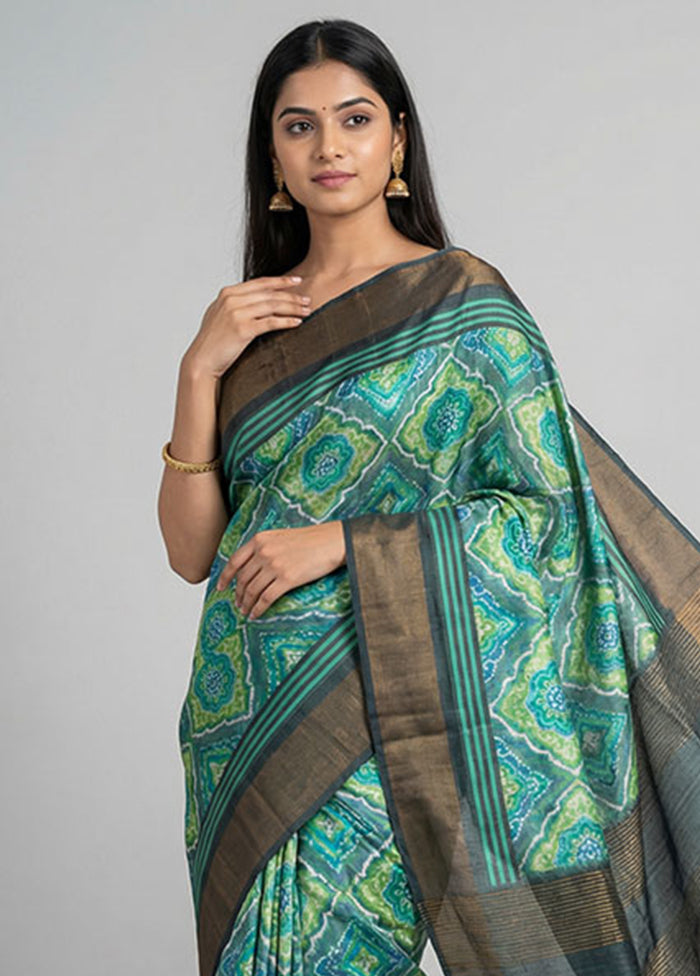 Green Handloom Tussar Pure Silk Saree With Blouse Piece