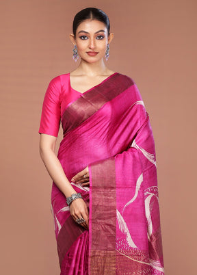Pink Handloom Tussar Pure Silk Saree With Blouse Piece