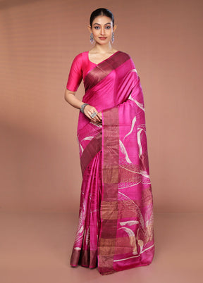Pink Handloom Tussar Pure Silk Saree With Blouse Piece