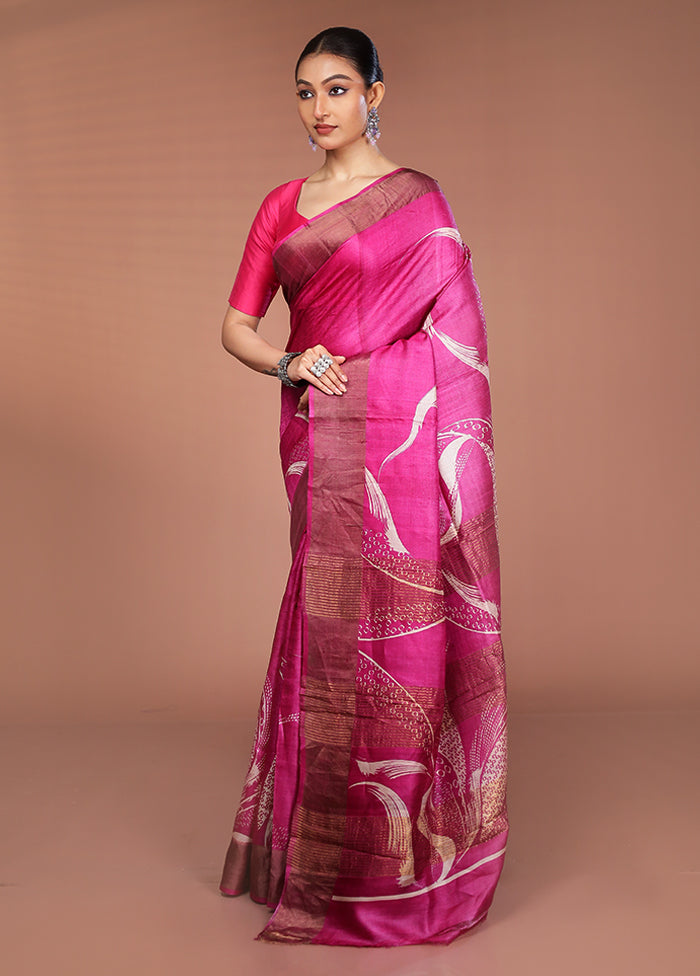 Pink Handloom Tussar Pure Silk Saree With Blouse Piece
