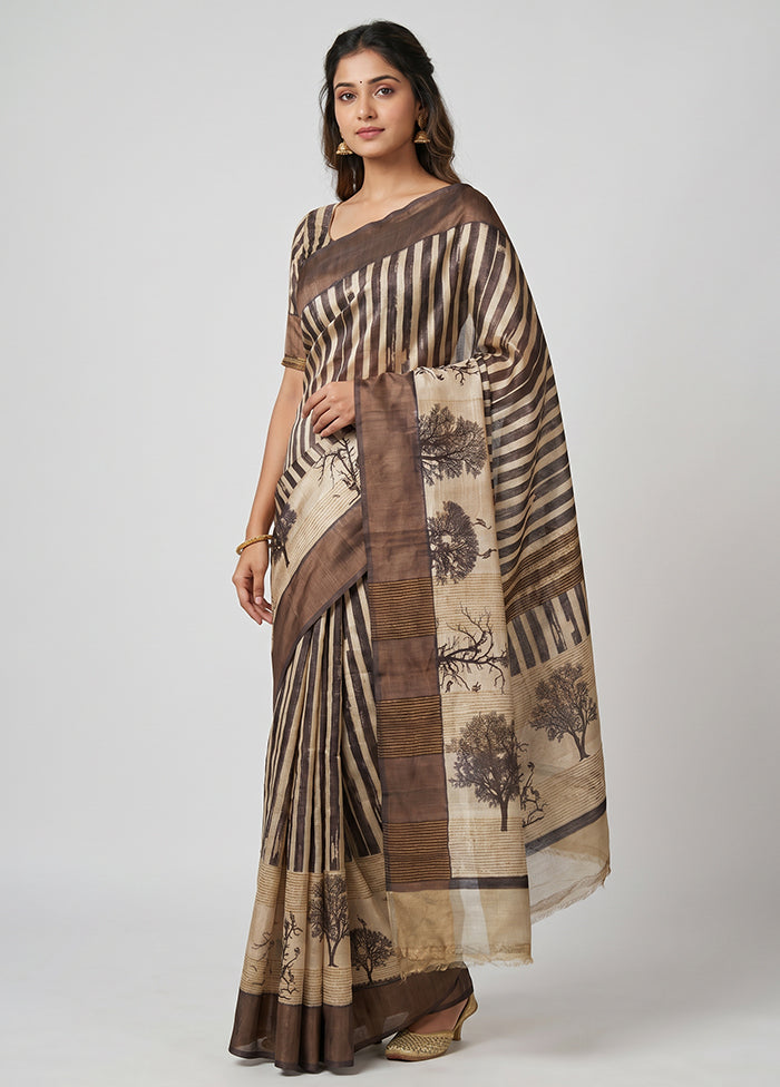 Brown Handloom Tussar Pure Silk Saree With Blouse Piece