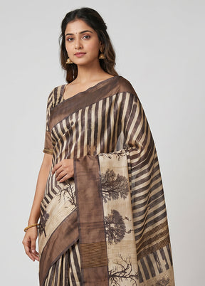 Brown Handloom Tussar Pure Silk Saree With Blouse Piece