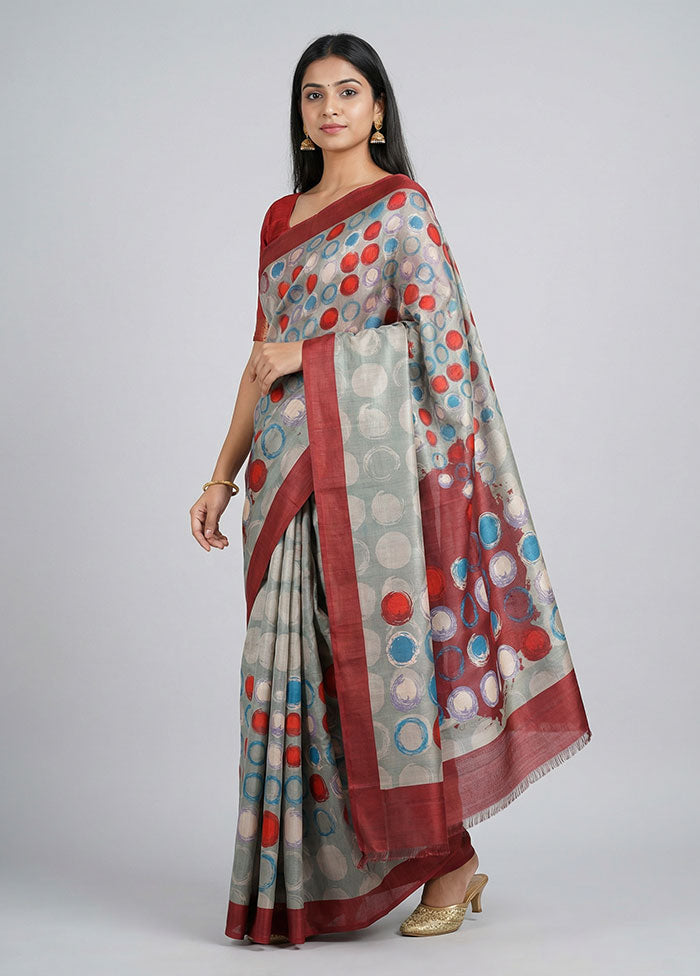 Green Printed Silk Saree Without Blouse Piece