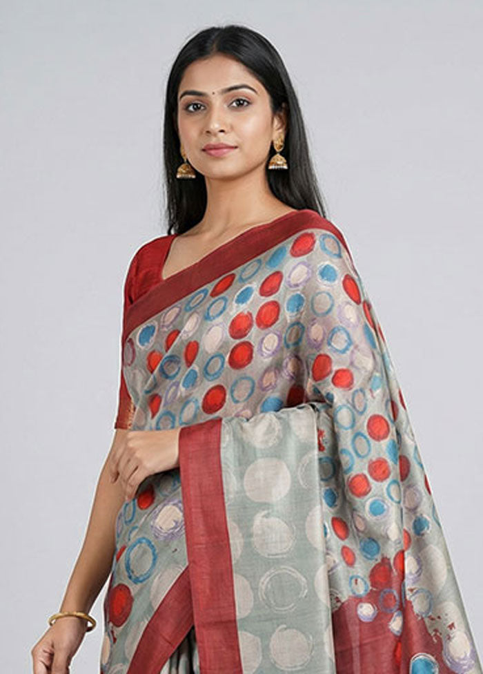 Green Printed Silk Saree Without Blouse Piece