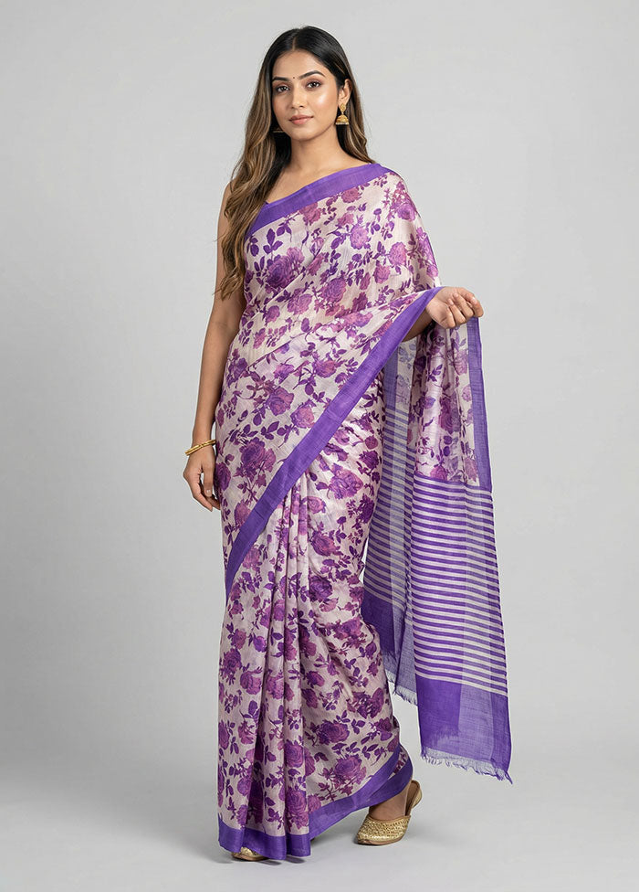 Cream Printed Silk Saree Without Blouse Piece