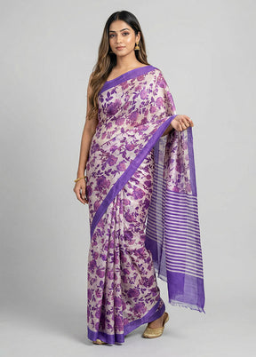 Cream Printed Silk Saree Without Blouse Piece