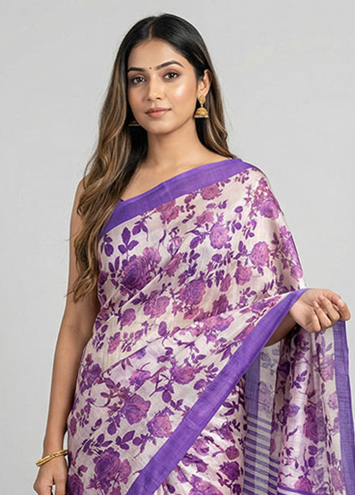 Cream Printed Silk Saree Without Blouse Piece
