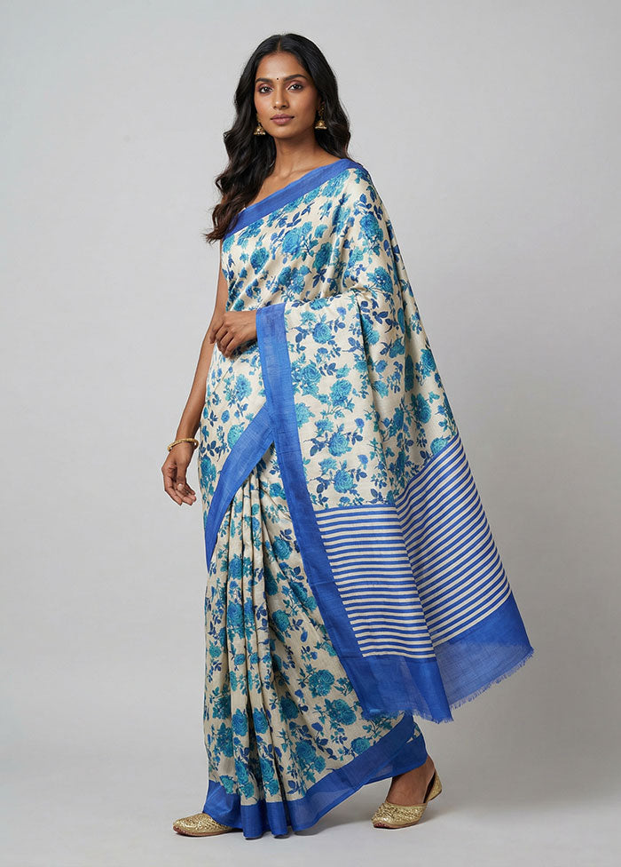 Cream Printed Silk Saree Without Blouse Piece