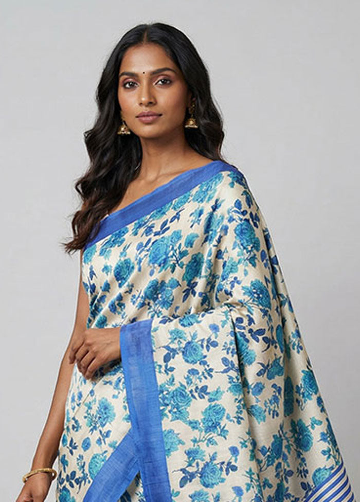 Cream Printed Silk Saree Without Blouse Piece