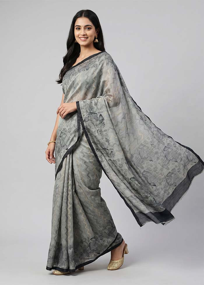 Grey Tussar Silk Saree With Blouse Piece