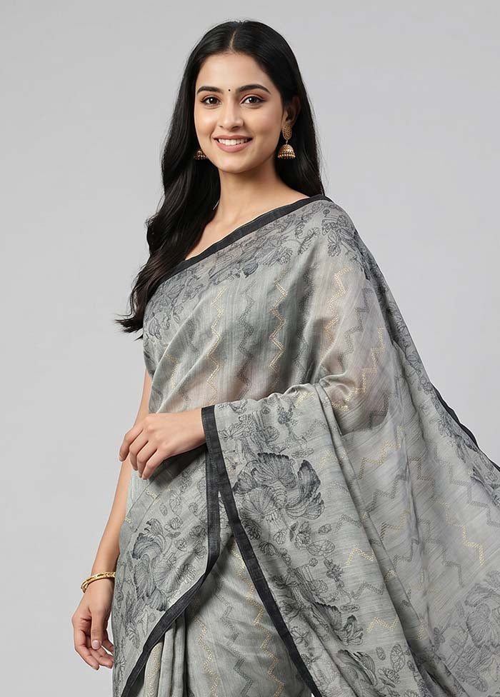 Grey Tussar Silk Saree With Blouse Piece