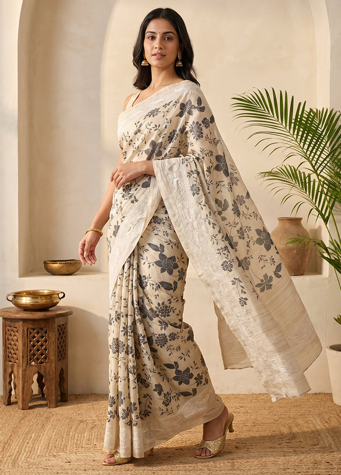 Cream Tussar Silk Saree With Blouse Piece