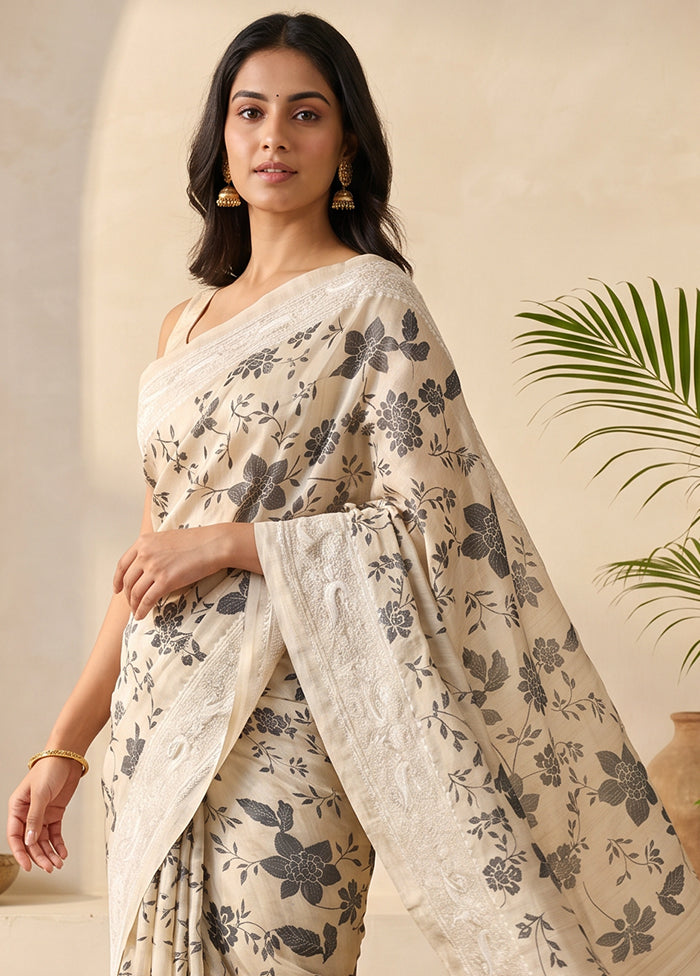 Cream Tussar Silk Saree With Blouse Piece