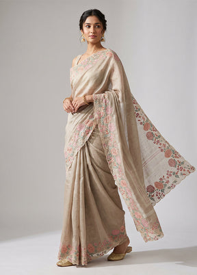 Cream Tussar Silk Saree With Blouse Piece
