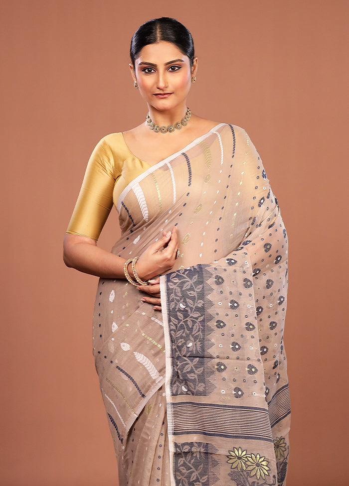 Cream Jamdani Cotton Saree Without Blouse Piece