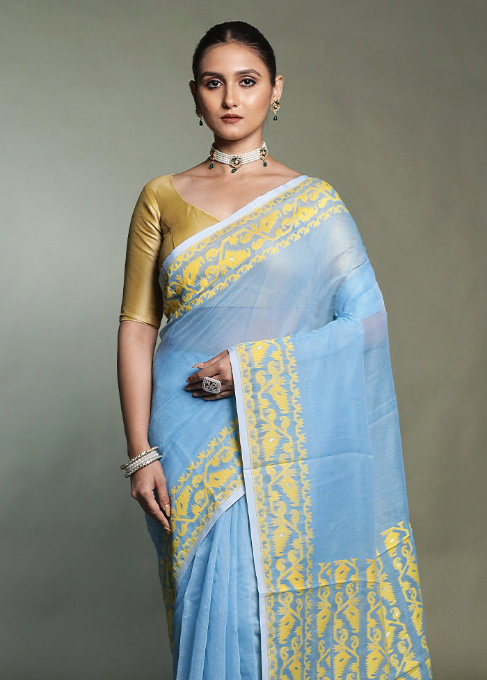 Blue Tant Jamdani Saree Without Blouse Piece