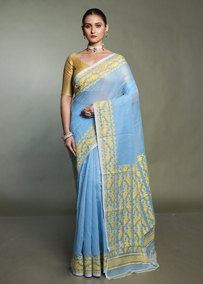 Blue Tant Jamdani Saree Without Blouse Piece