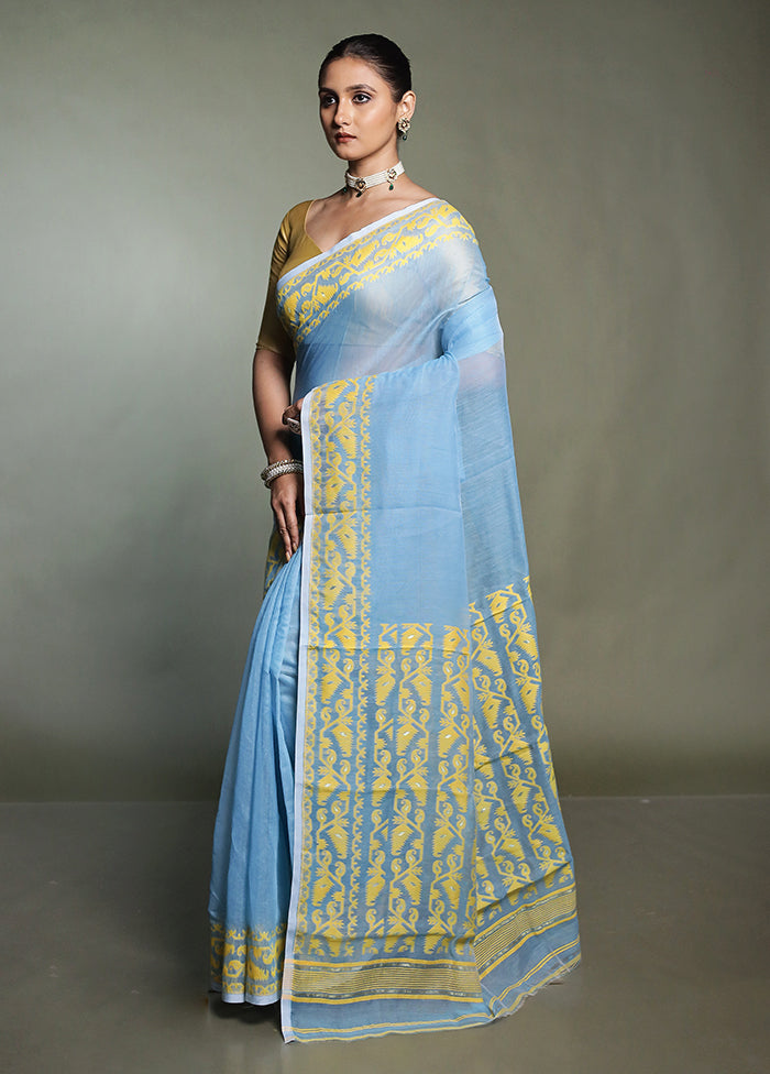 Blue Tant Jamdani Saree Without Blouse Piece