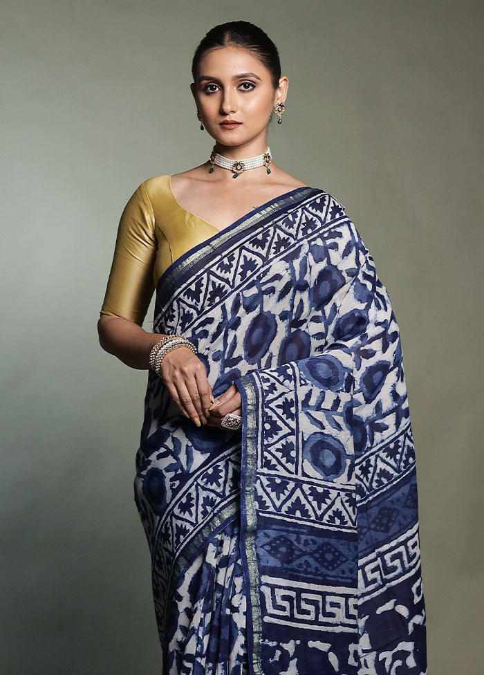 Blue Chanderi Cotton Saree With Blouse Piece