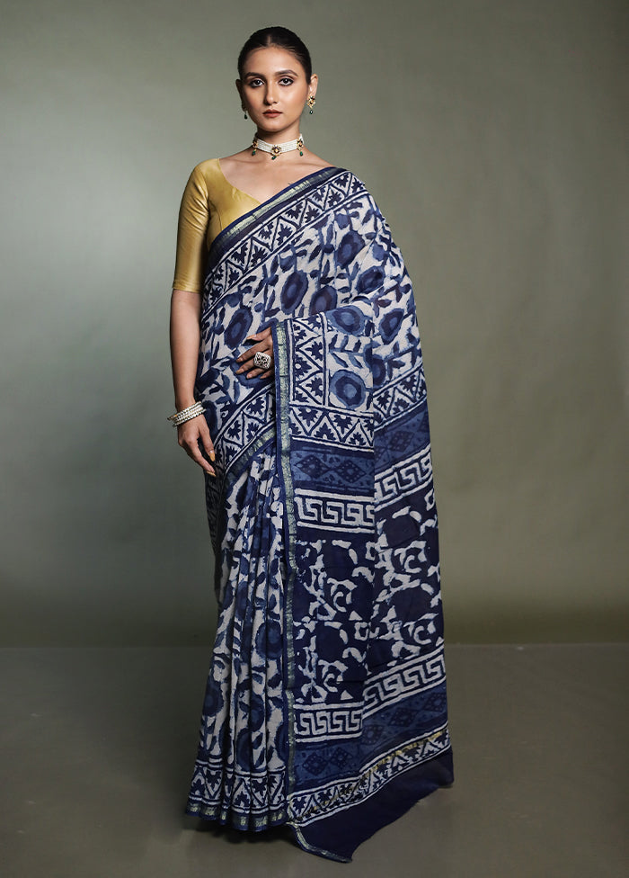 Blue Chanderi Cotton Saree With Blouse Piece