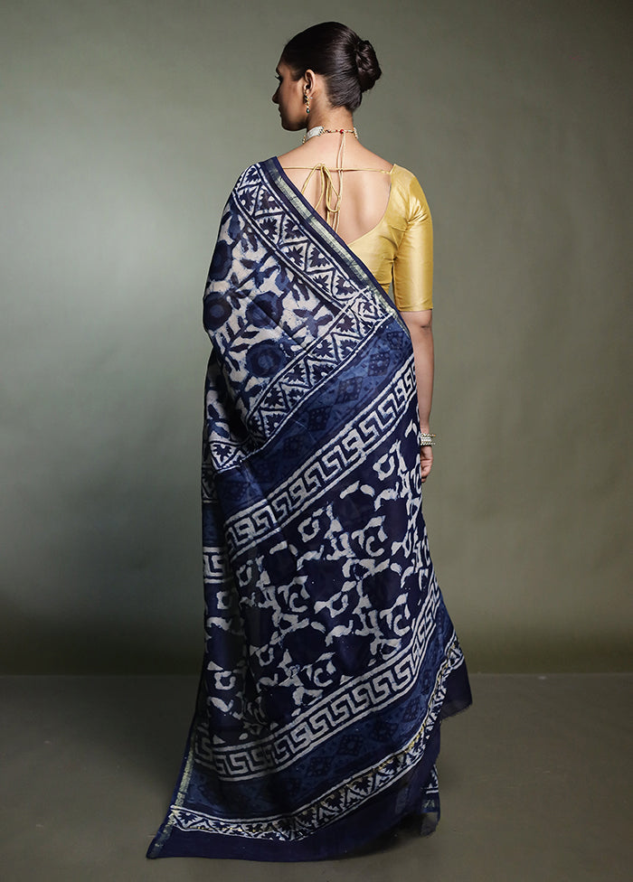 Blue Chanderi Cotton Saree With Blouse Piece