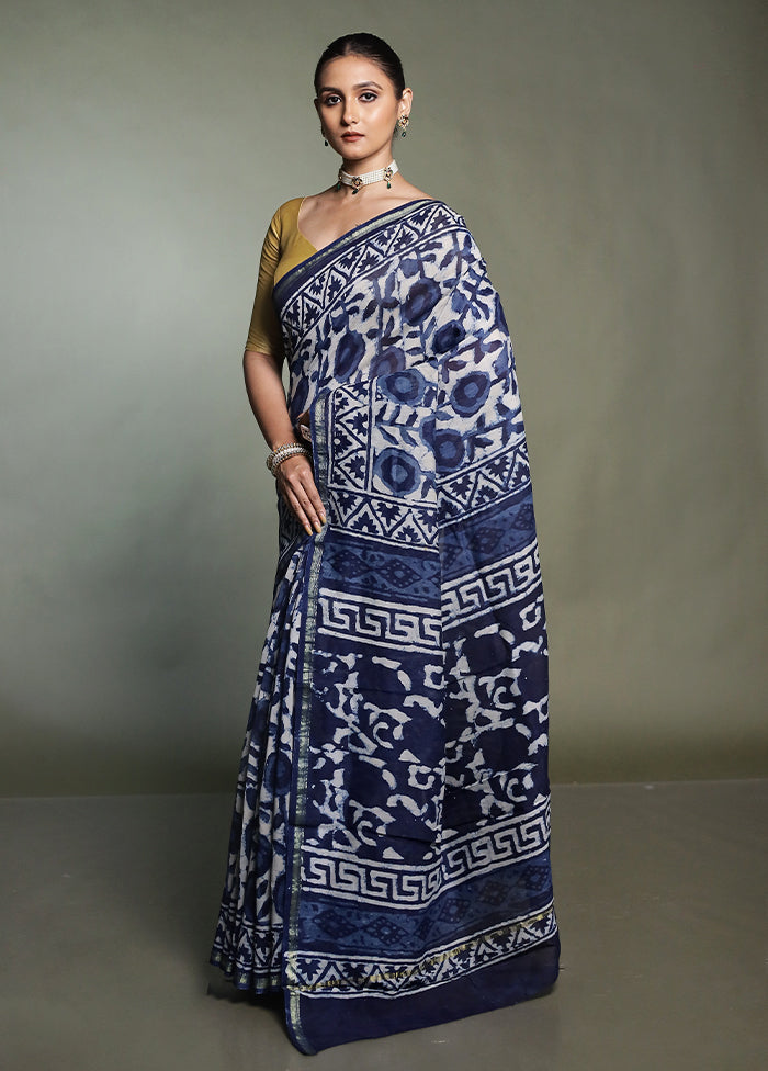 Blue Chanderi Cotton Saree With Blouse Piece