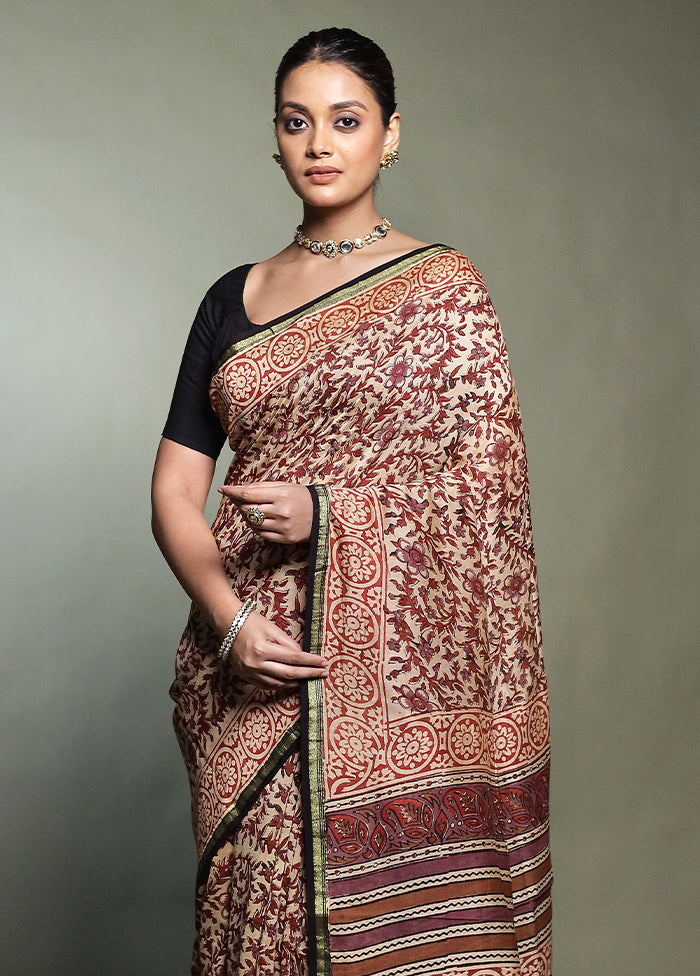 Brown Chanderi Cotton Saree With Blouse Piece