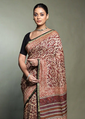 Brown Chanderi Cotton Saree With Blouse Piece