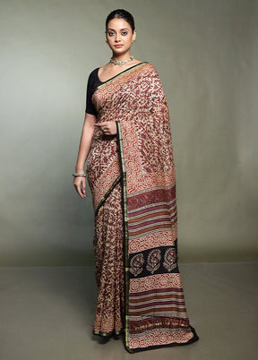 Brown Chanderi Cotton Saree With Blouse Piece