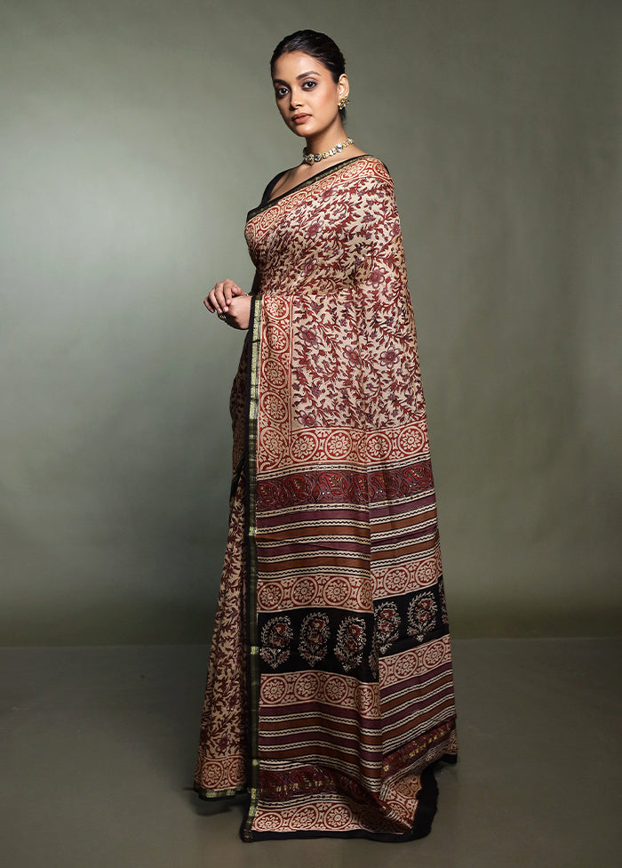 Brown Chanderi Cotton Saree With Blouse Piece