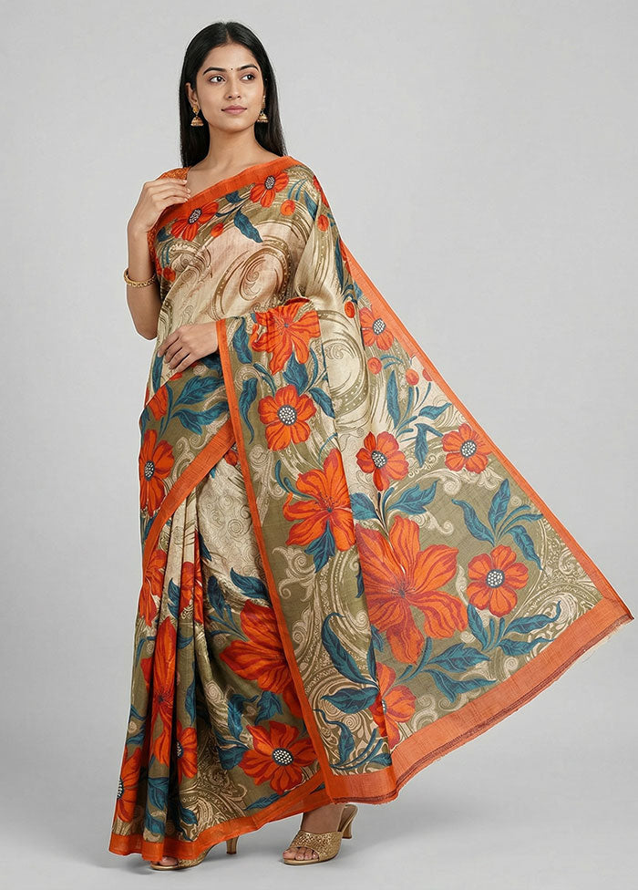 Multicolor Printed Silk Saree Without Blouse Piece